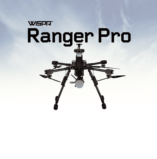 A black WISPR Ranger Pro drone with six propellers is shown against a sky background, with the product name Ranger Pro displayed in bold black text above the drone.