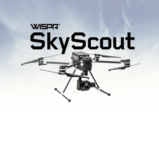 A black WISPR SkyScout drone with a camera attached underneath hovers against a blue sky with wispy clouds. Bold text reads WISPR SkyScout above and behind the drone.